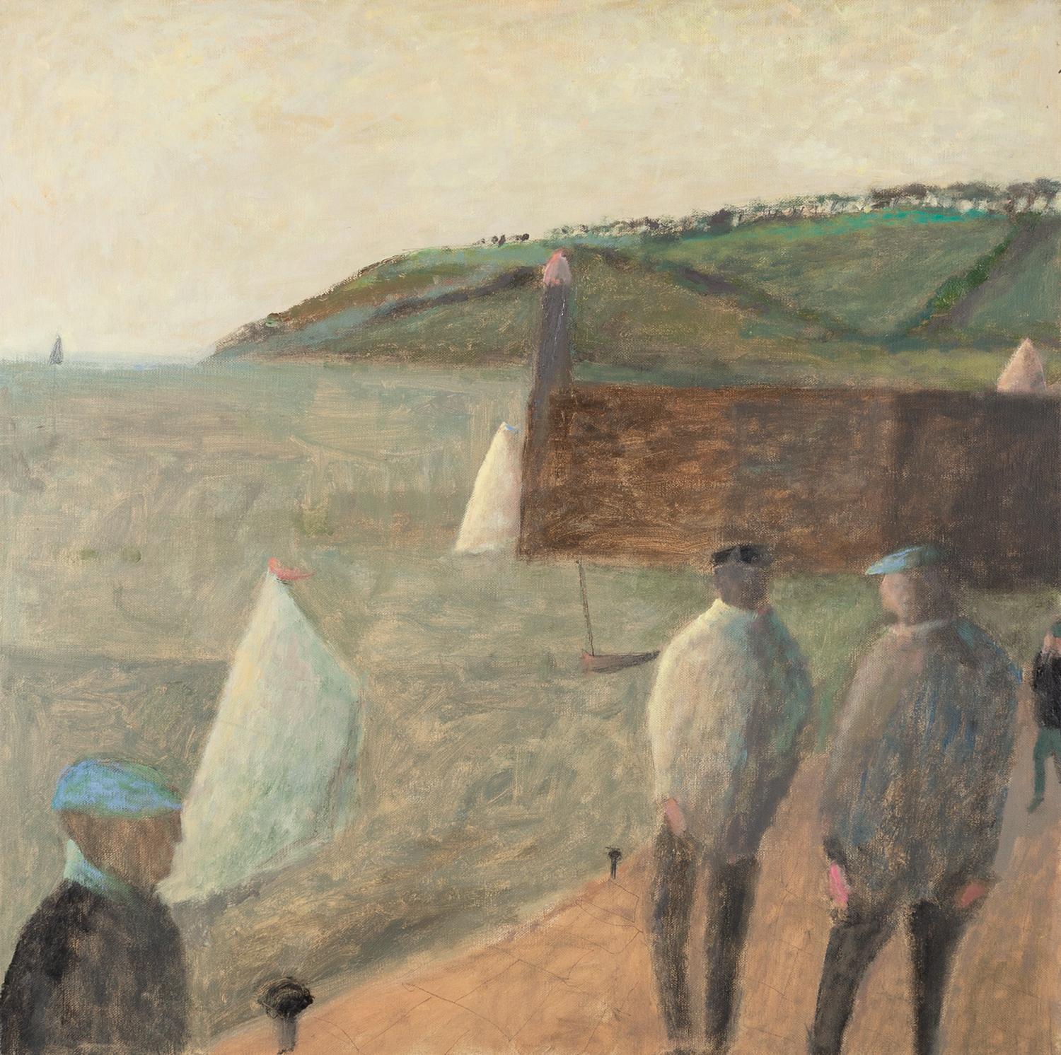 Nicholas Turner Landscape Painting – Quaysides Figures - Grau + Grün Seelandschaft Ölgemälde mit Booten