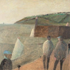 Quaysides Figures - Grau + Grün Seelandschaft Ölgemälde mit Booten