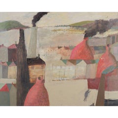 Red Chimneys - coastal landscape painting with red, white, oil on canvas