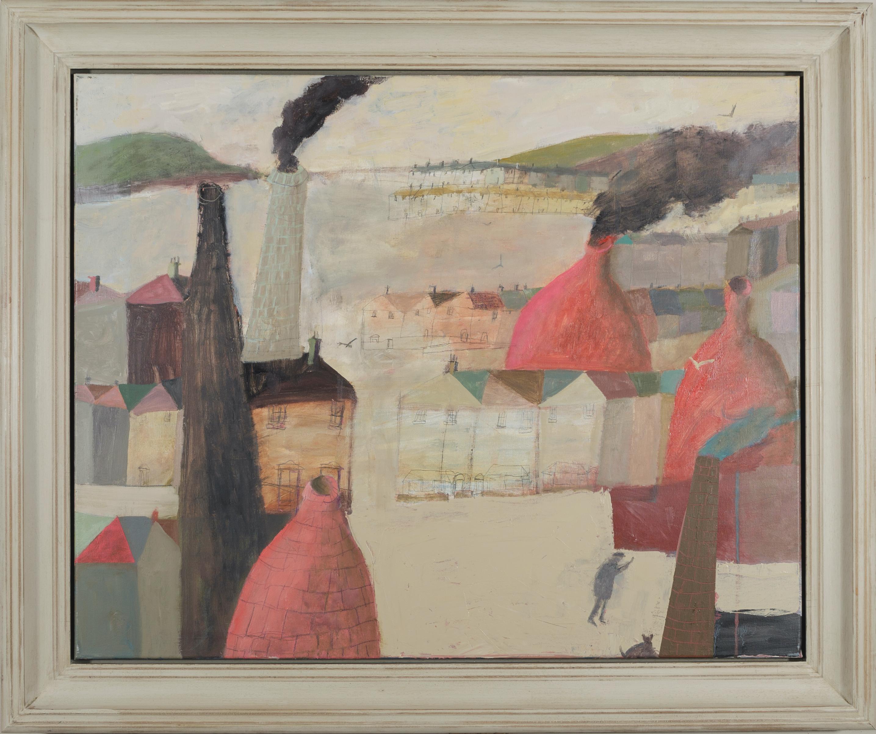 Red Chimneys - coastal landscape painting with red, white, oil on canvas
