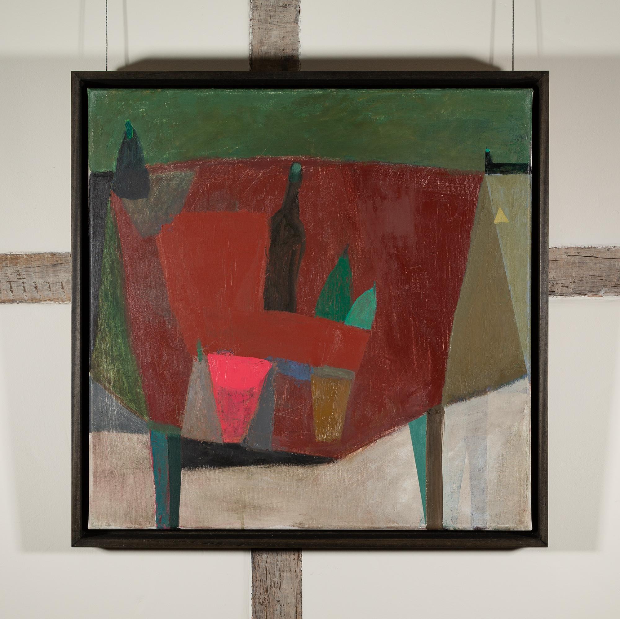 Red Table and Light House - Contemporary Still Life Oil Painting, Red + Green - Brown Still-Life Painting by Nicholas Turner
