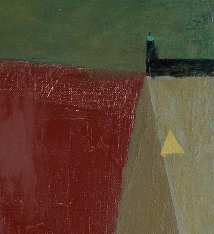 Red Table and Light House - Contemporary Still Life Oil Painting, Red + Green For Sale 1