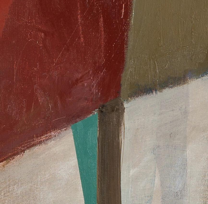 Red Table and Light House - Contemporary Still Life Oil Painting, Red + Green For Sale 2