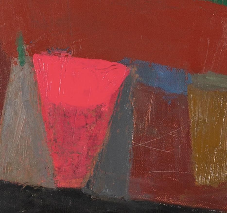 Red Table and Light House - Contemporary Still Life Oil Painting, Red + Green For Sale 3