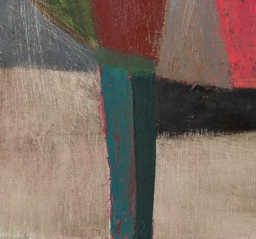 Red Table and Light House - Contemporary Still Life Oil Painting, Red + Green For Sale 4