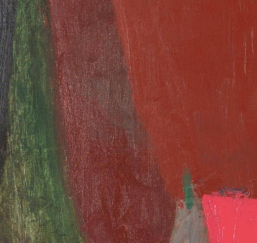 Red Table and Light House - Contemporary Still Life Oil Painting, Red + Green For Sale 5