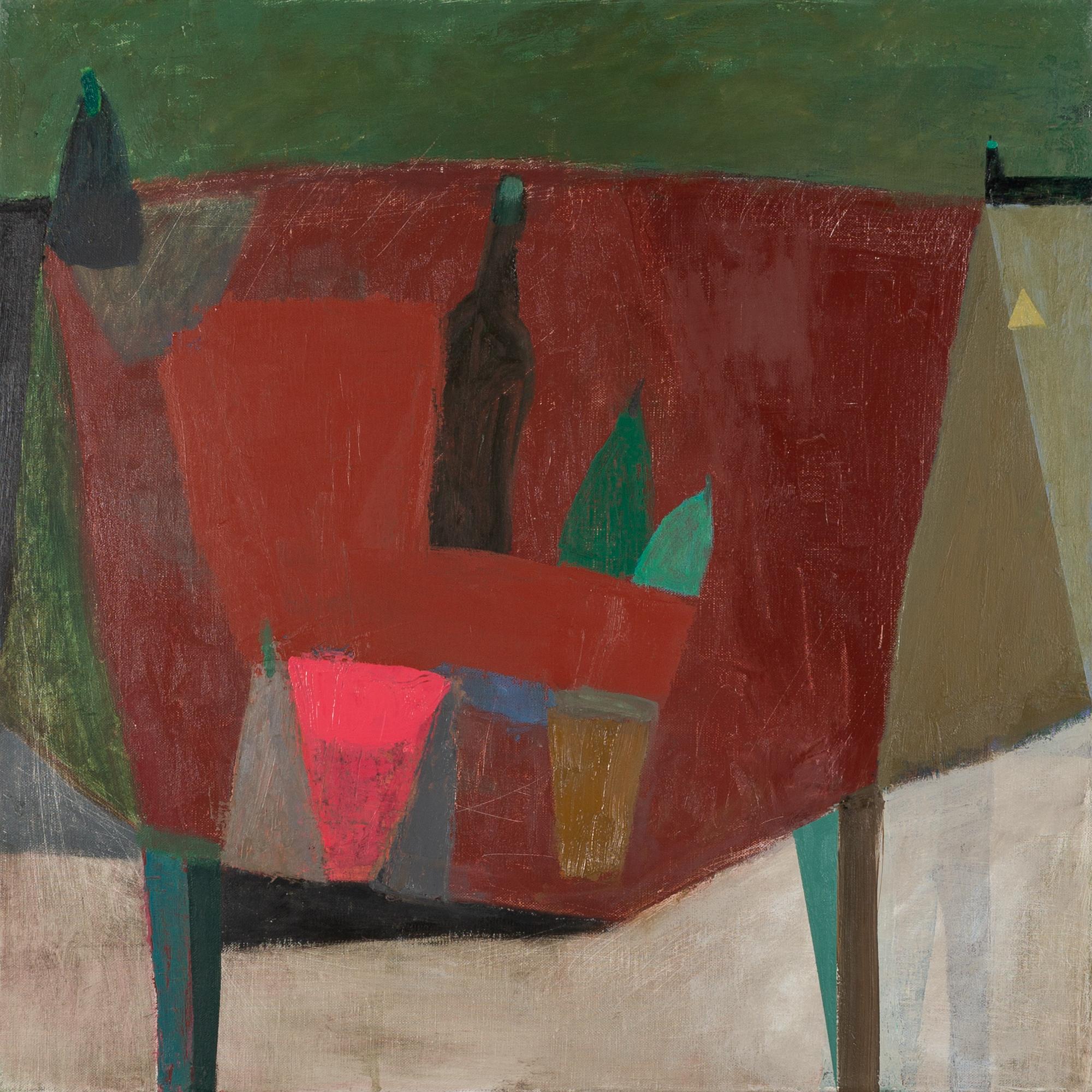 Nicholas Turner Still-Life Painting - Red Table and Light House - Contemporary Still Life Oil Painting, Red + Green