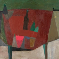 Red Table and Light House - Contemporary Still Life Oil Painting, Red + Green