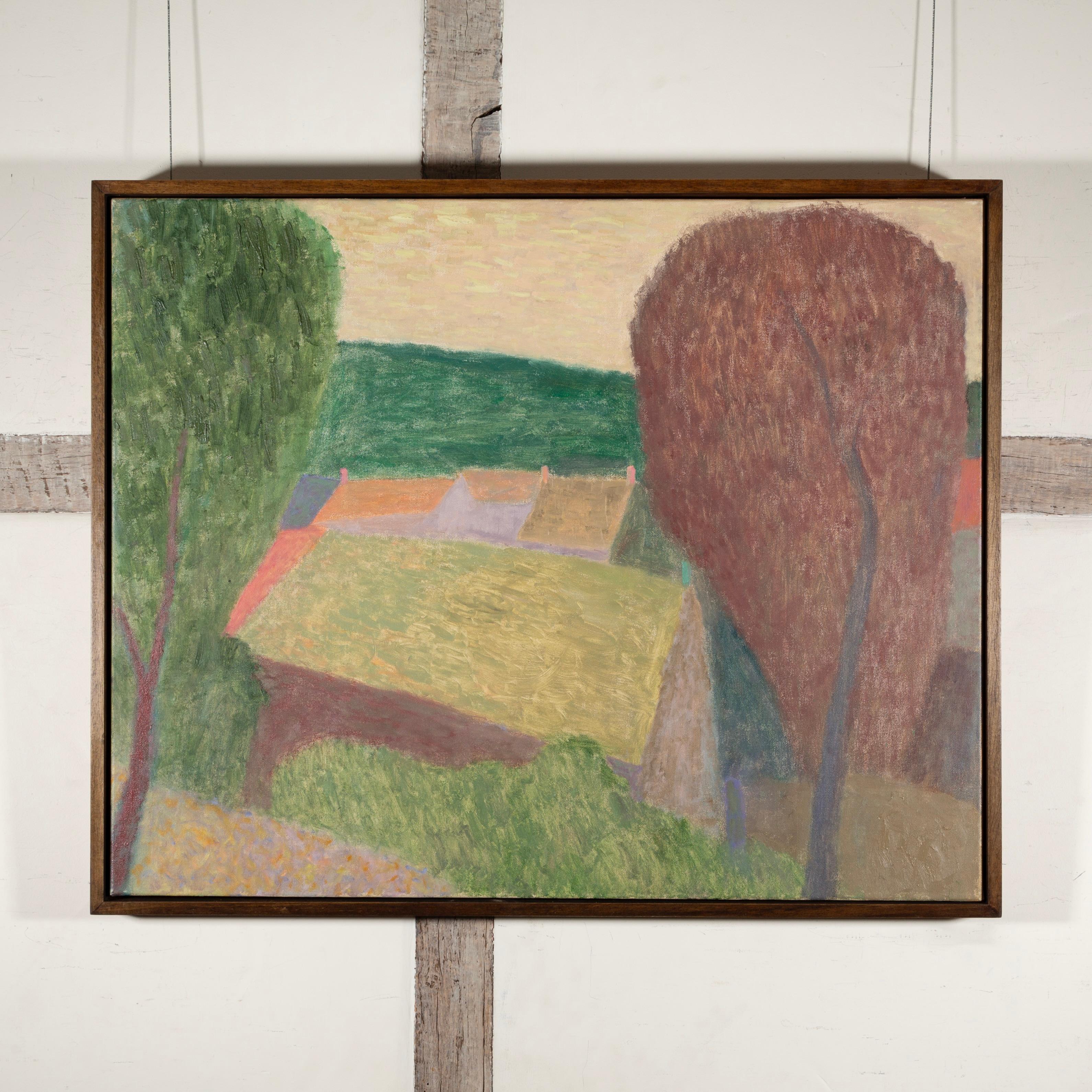 Rooftop in Céret, 2024 - Landschaft Öl auf Leinwand Gemälde mit Bäumen und Häusern – Painting von Nicholas Turner