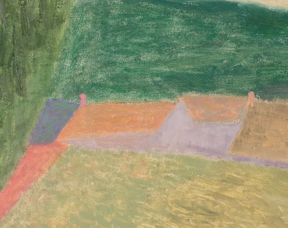 Rooftop in Céret, 2024 - Landschaft Öl auf Leinwand Gemälde mit Bäumen und Häusern (Braun), Landscape Painting, von Nicholas Turner