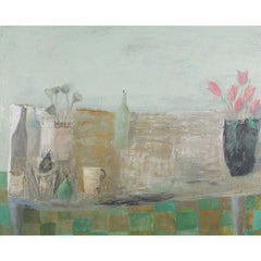 Tulips and Poppy Heads - painting, oil on canvas, floral still life, green