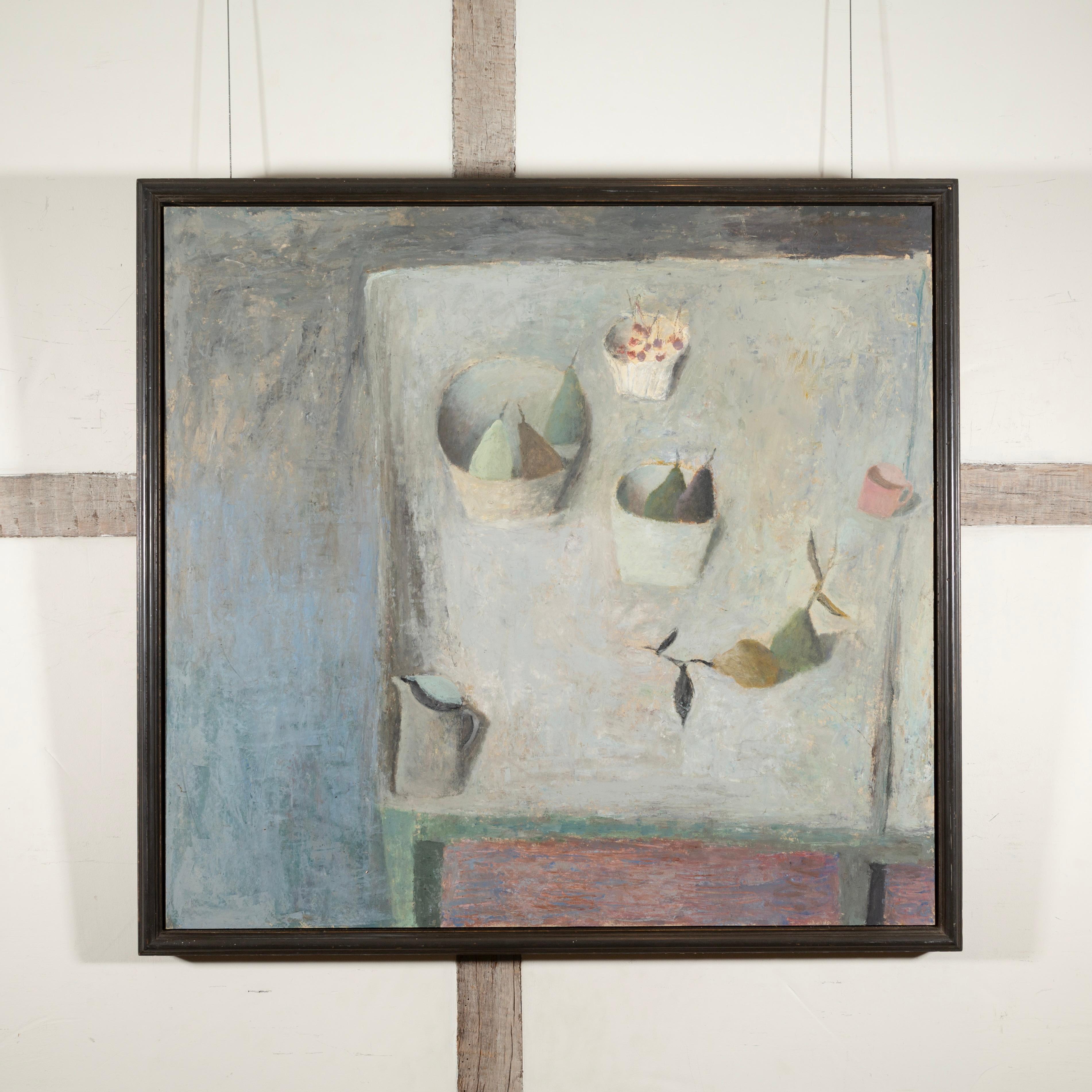 Table with Pears - Fruit Still Life Oil Painting in Neutral White, Grey + Pink - Gray Still-Life Painting by Nicholas Turner