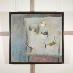 Table with Pears - Fruit Still Life Oil Painting in Neutral White, Grey + Pink