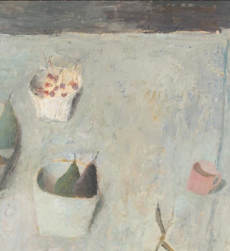 Table with Pears - Fruit Still Life Oil Painting in Neutral White, Grey + Pink For Sale 2
