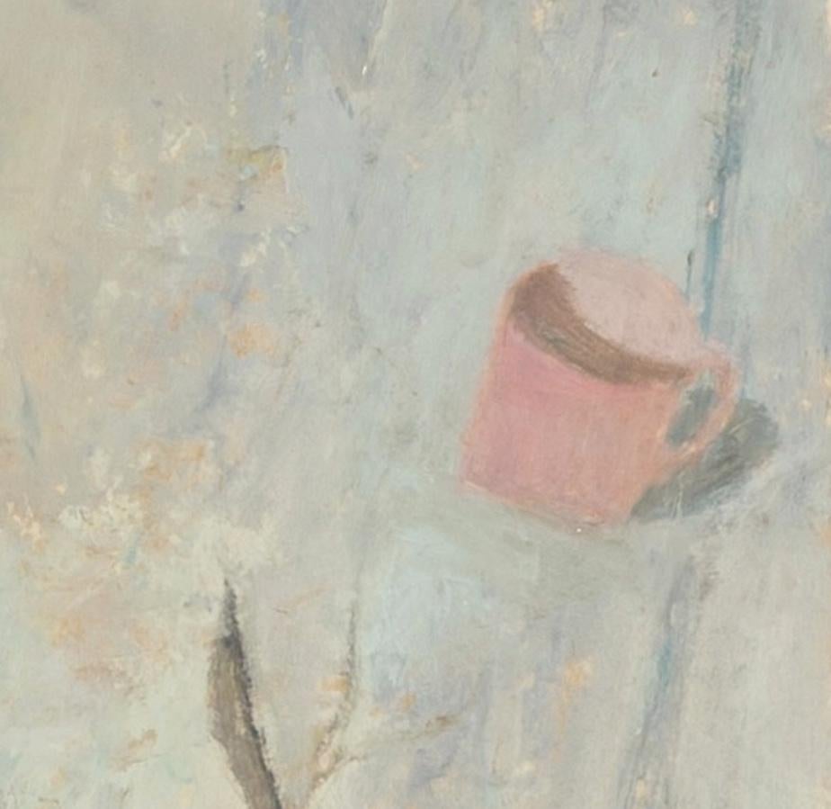 Table with Pears - Fruit Still Life Oil Painting in Neutral White, Grey + Pink For Sale 5