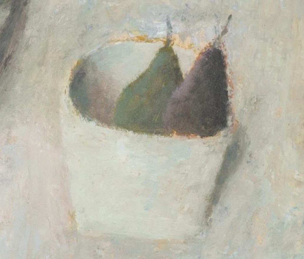 Table with Pears - Fruit Still Life Oil Painting in Neutral White, Grey + Pink For Sale 6