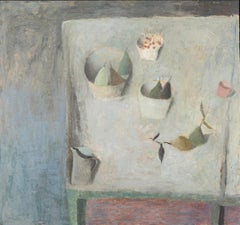 Table with Pears - Fruit Still Life Oil Painting in Neutral White, Grey + Pink