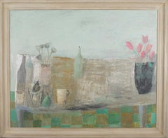 Tulips and Poppy Heads - painting, oil on canvas, floral still life, green