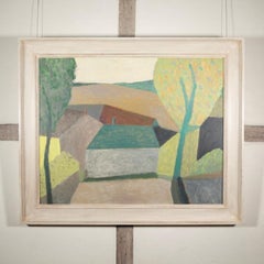 Landscape Oil Painting with Trees and a House, Yellow and Green