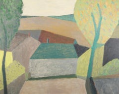 Landscape Oil Painting with Trees and a House, Yellow and Green