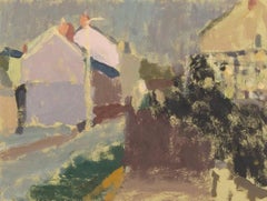 Ohne Titel (Pink House on Lane), Ölgemälde auf Karton, Gemälde von Nicholas Turner