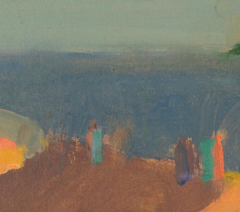 Tejado Amarillo (A Través de Cadaqués) - Pintura al Óleo Paisaje Edificio Amarillo Colorido en venta 1