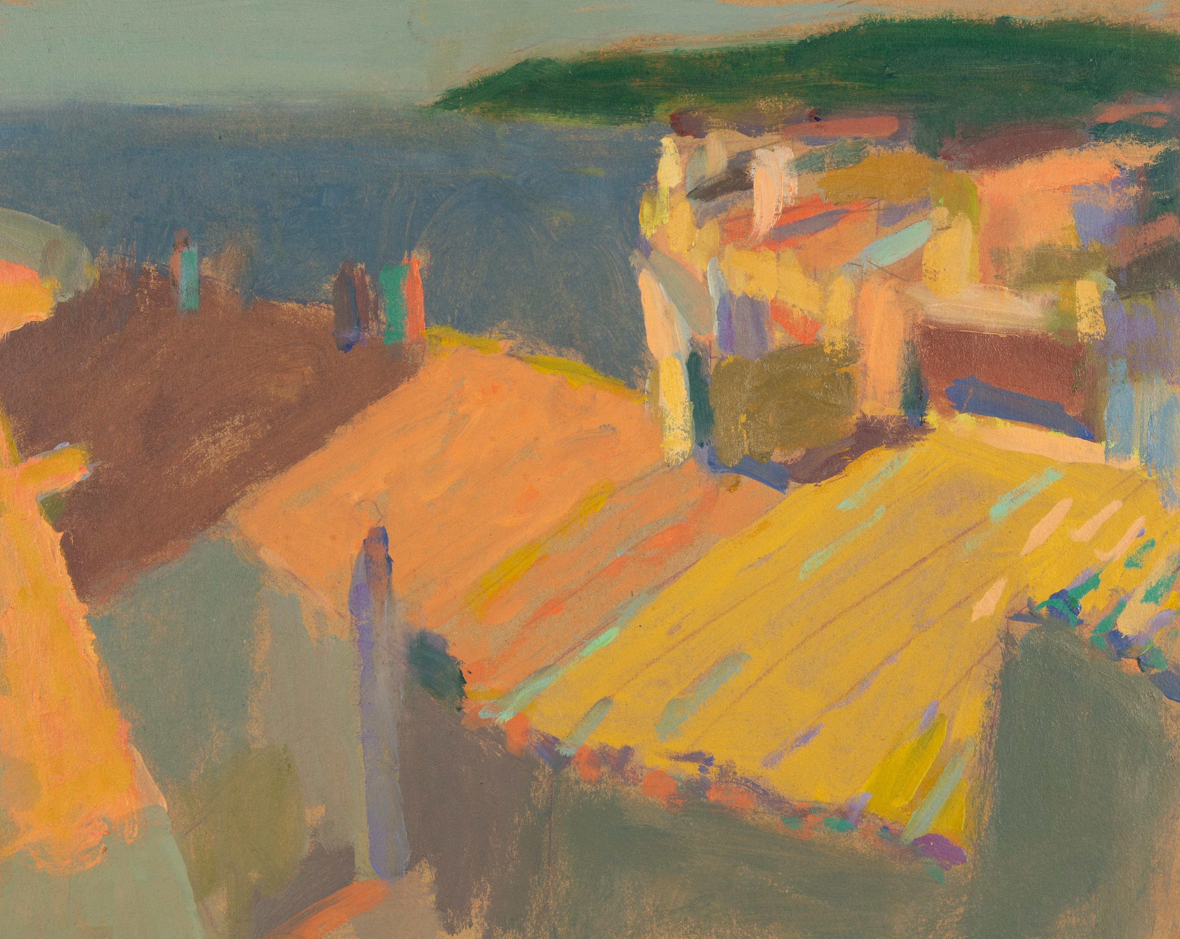 Abstract Painting de Nicholas Turner - Tejado Amarillo (A Través de Cadaqués) - Pintura al Óleo Paisaje Edificio Amarillo Colorido