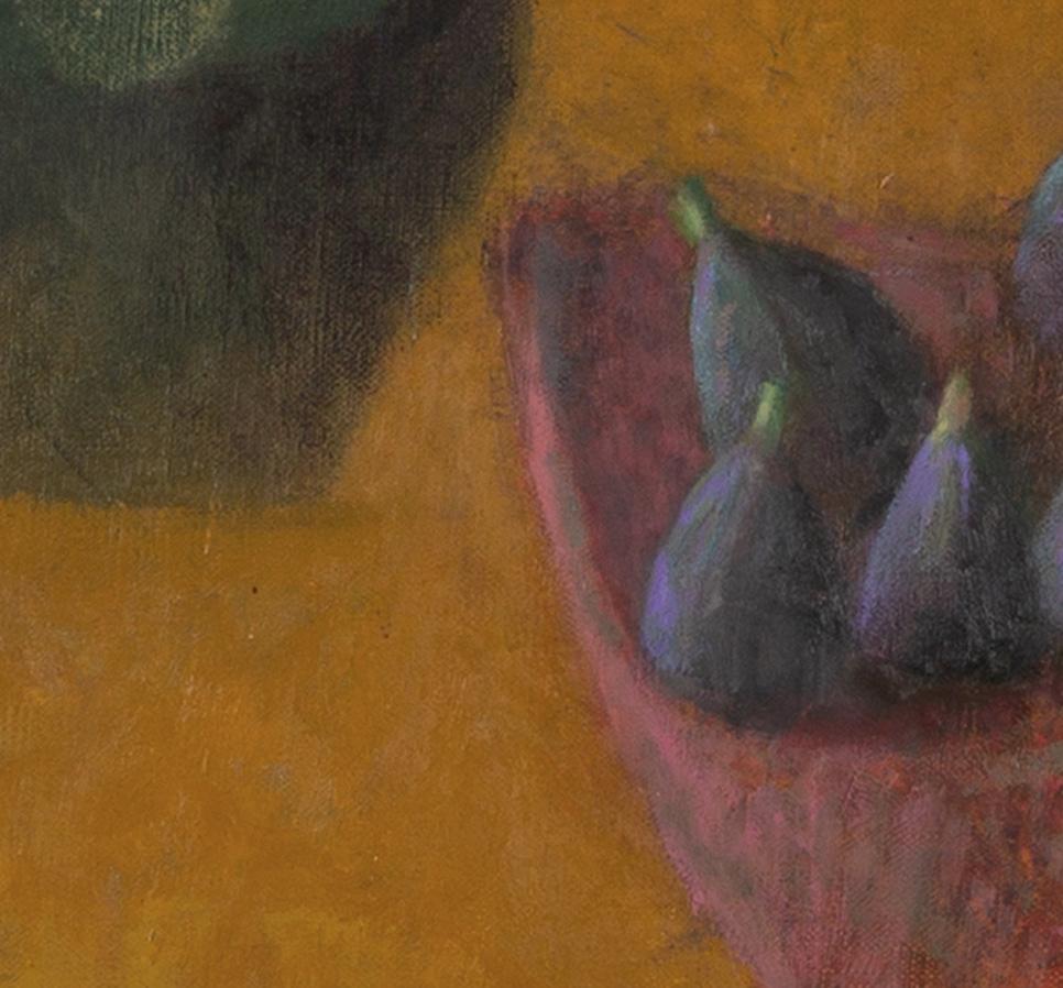 Yellow Table with Figs - Contemporary Still Life Oil Painting with Bowls + Fruit For Sale 4