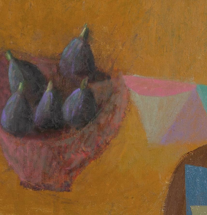 Yellow Table with Figs - Contemporary Still Life Oil Painting with Bowls + Fruit For Sale 5