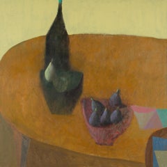 Yellow Table with Figs - Contemporary Still Life Oil Painting with Bowls + Fruit