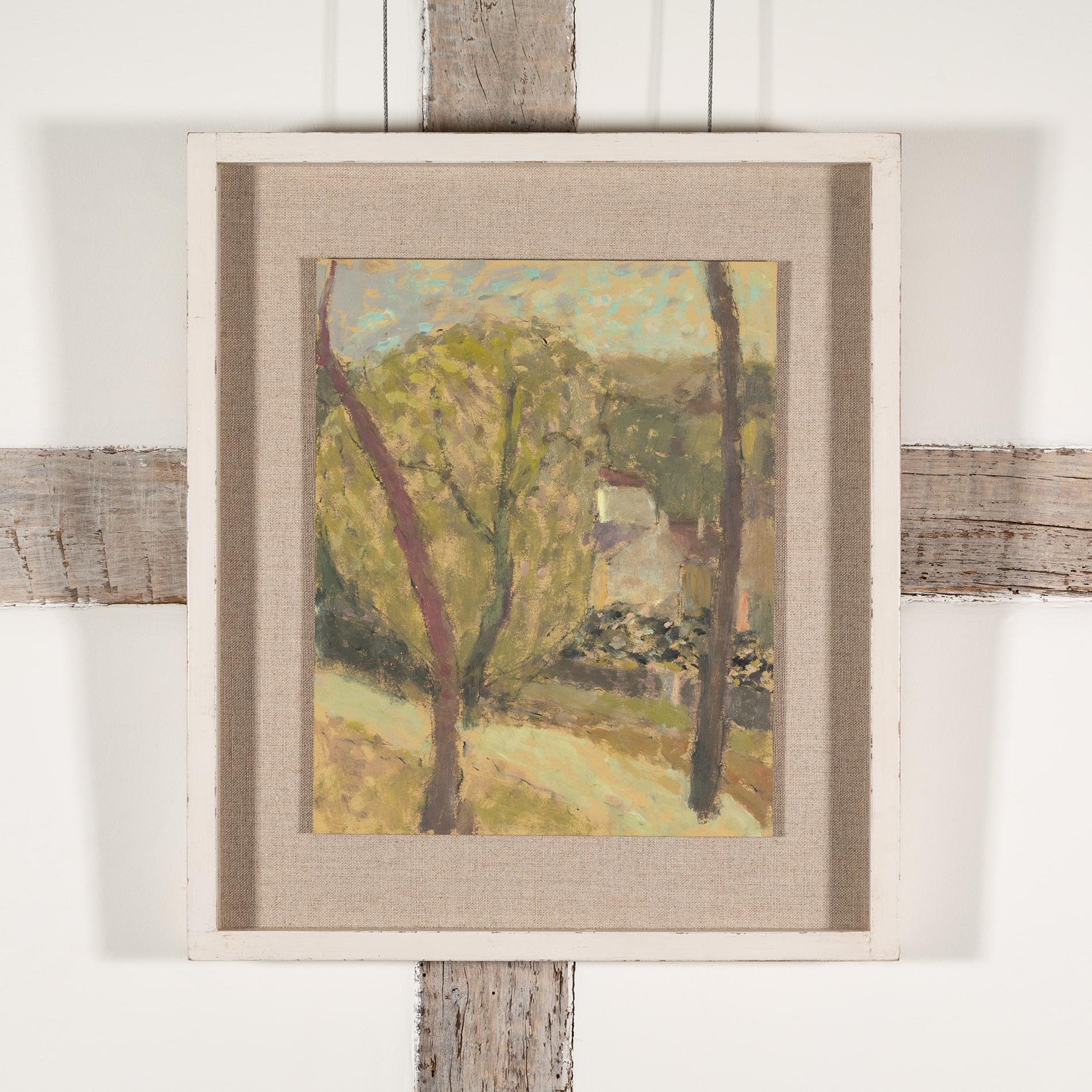 Arbre jaune, Greene & Greene - Paysage contemporain peinture à l'huile, marron, vert, jaune - Painting de Nicholas Turner