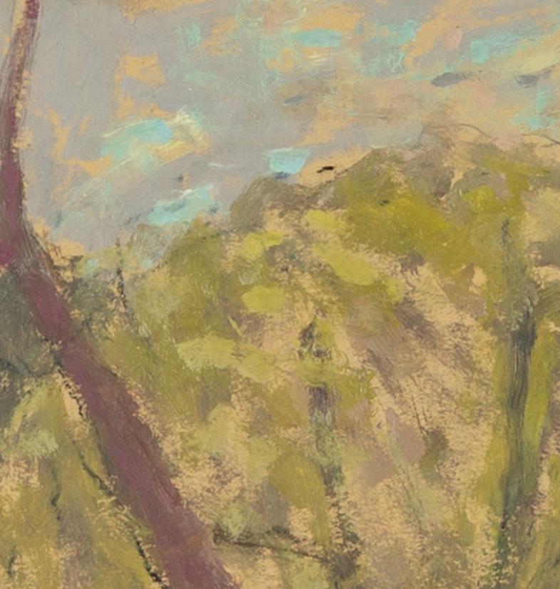 Arbre jaune, Greene & Greene - Paysage contemporain peinture à l'huile, marron, vert, jaune - Jaune Figurative Painting par Nicholas Turner