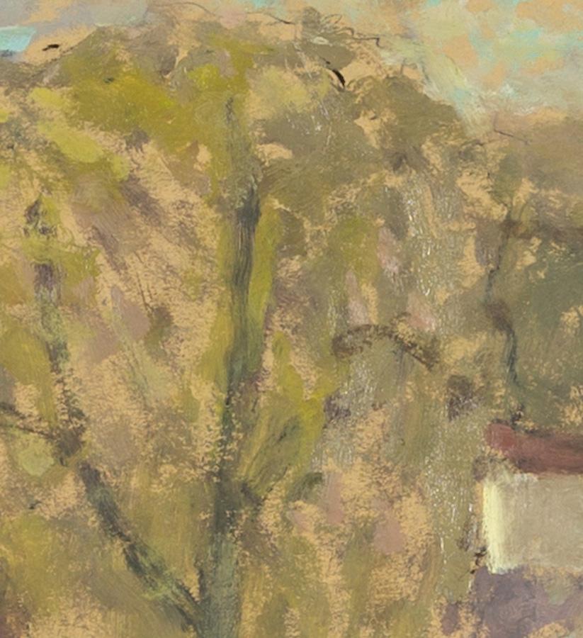 Arbre jaune, Greene & Greene - Paysage contemporain peinture à l'huile, marron, vert, jaune en vente 4