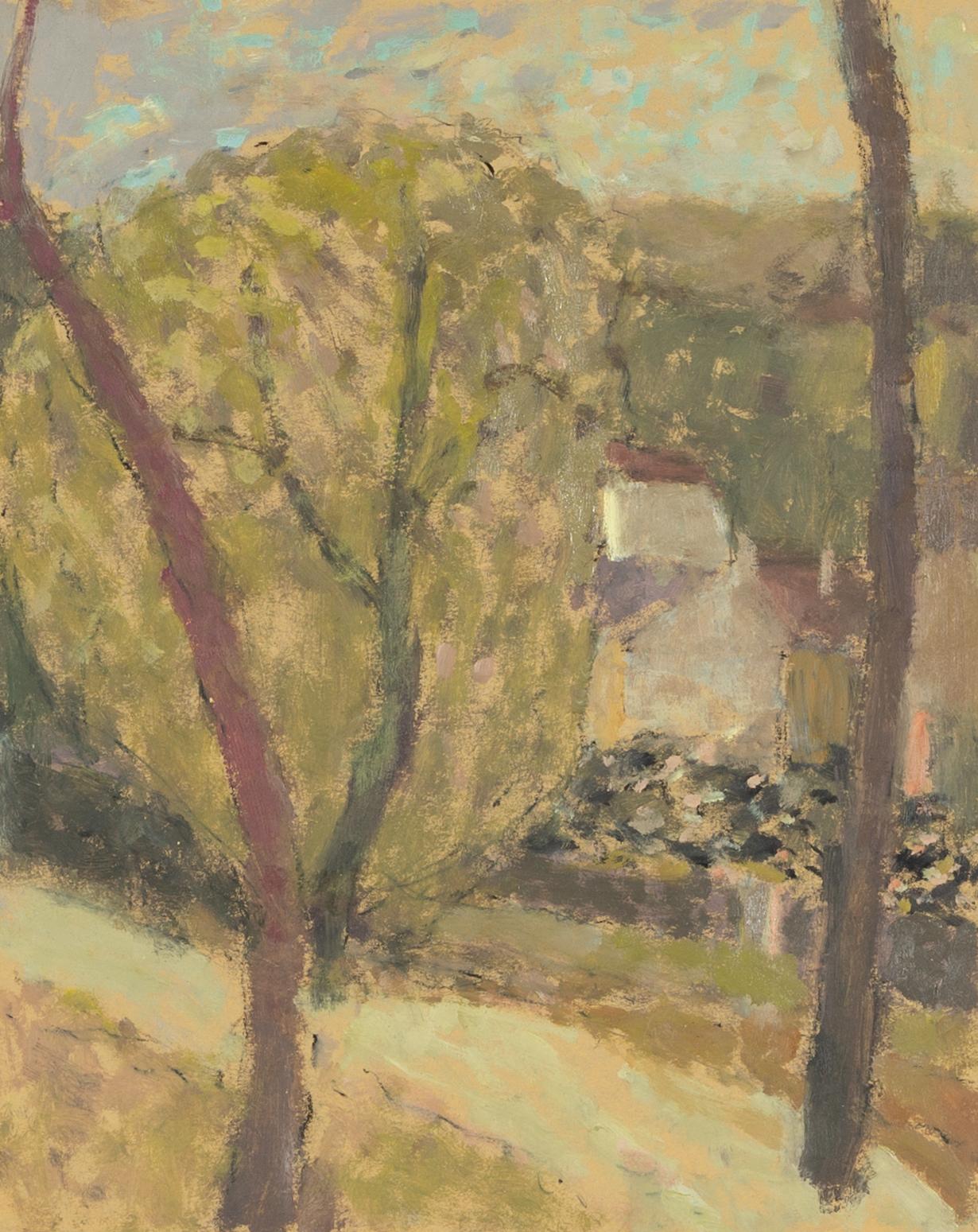 Figurative Painting Nicholas Turner - Arbre jaune, Greene & Greene - Paysage contemporain peinture à l'huile, marron, vert, jaune