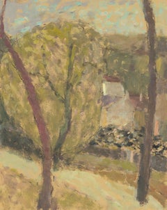 Arbre jaune, Greene & Greene - Paysage contemporain peinture à l'huile, marron, vert, jaune