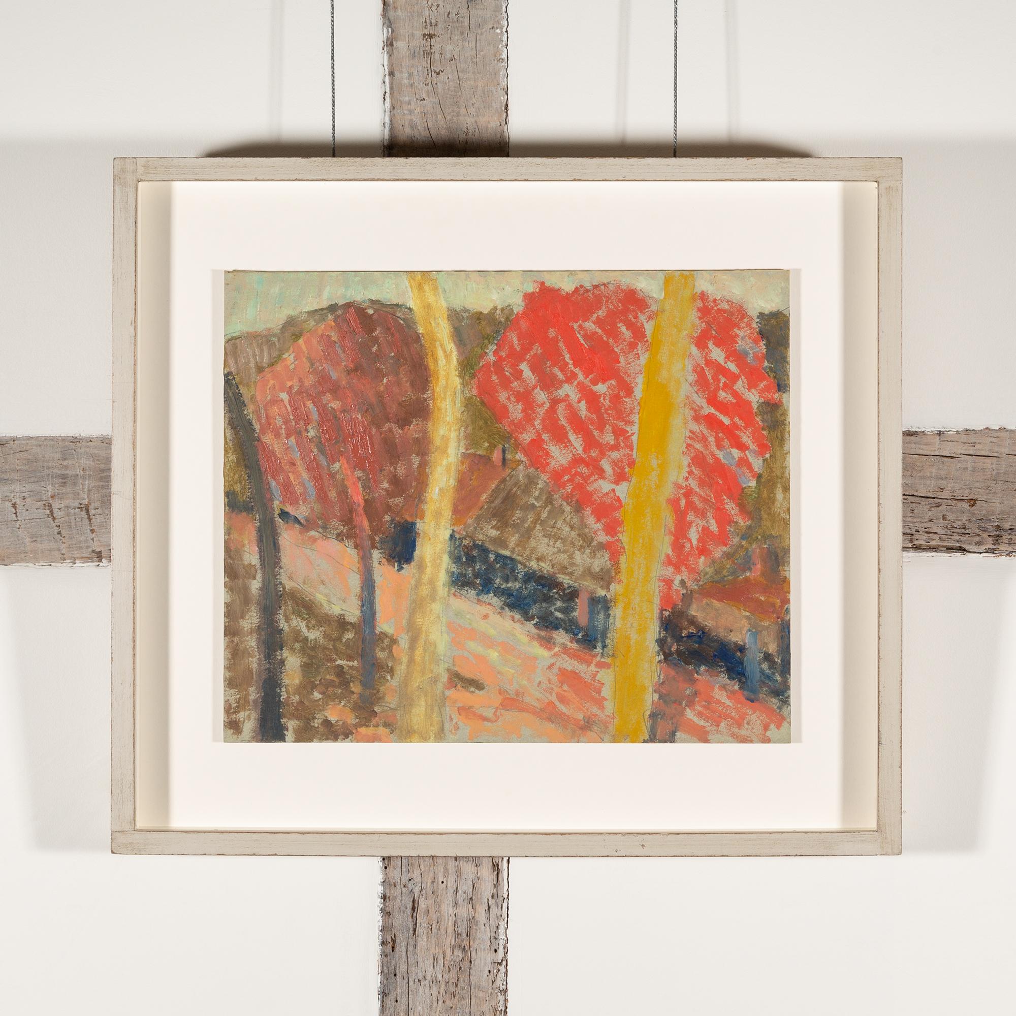Tronchi gialli, Ceret - Pittura ad olio di paesaggio marrone + arancione con alberi - Painting di Nicholas Turner