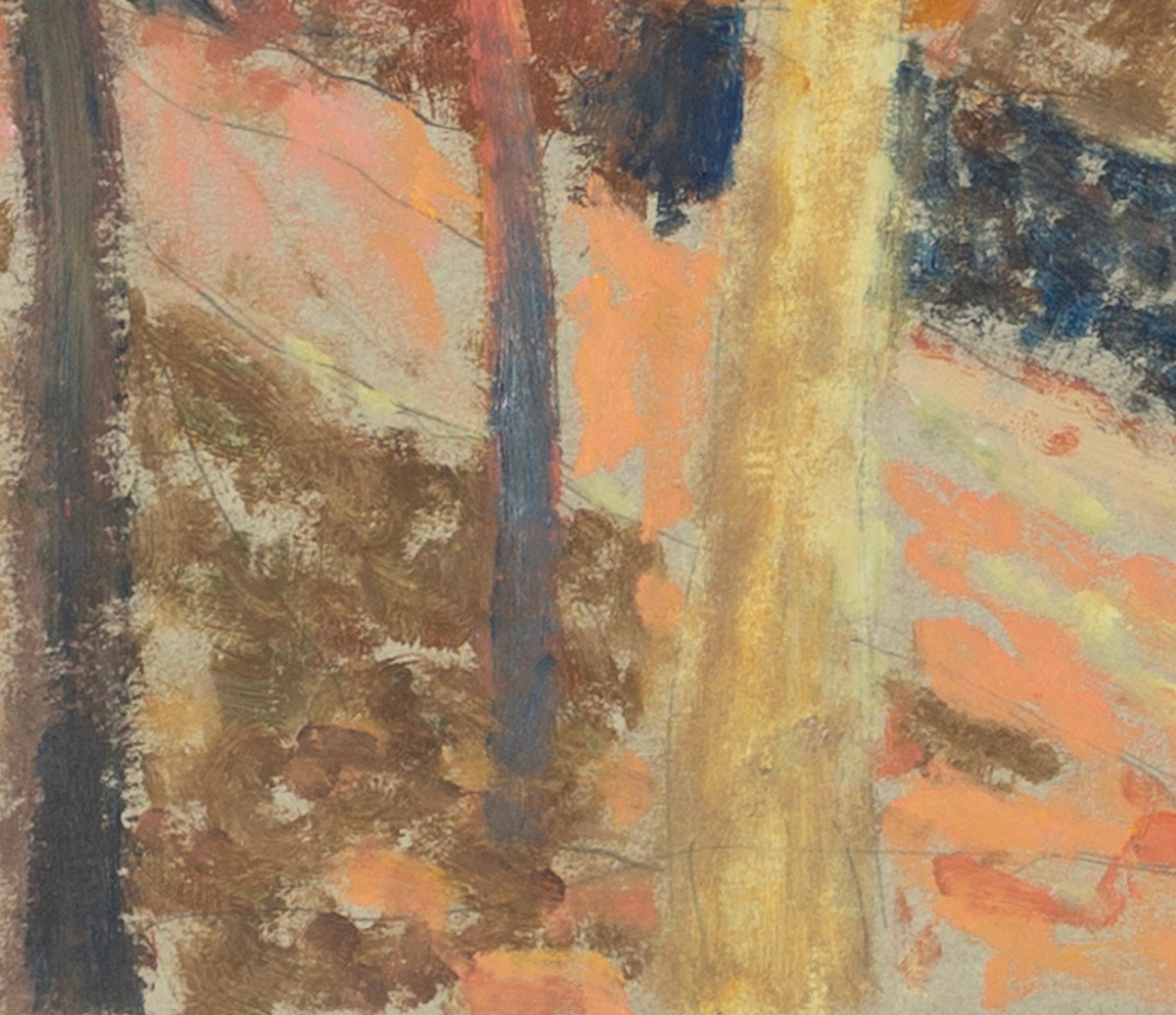 Tronchi gialli, Ceret - Pittura ad olio di paesaggio marrone + arancione con alberi in vendita 1