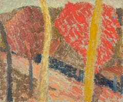 Tronchi gialli, Ceret - Pittura ad olio di paesaggio marrone + arancione con alberi