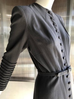 Nicholas Ungar Button-Down Slate Light Wool Trumpet Hem Jersey Dress, 1940s