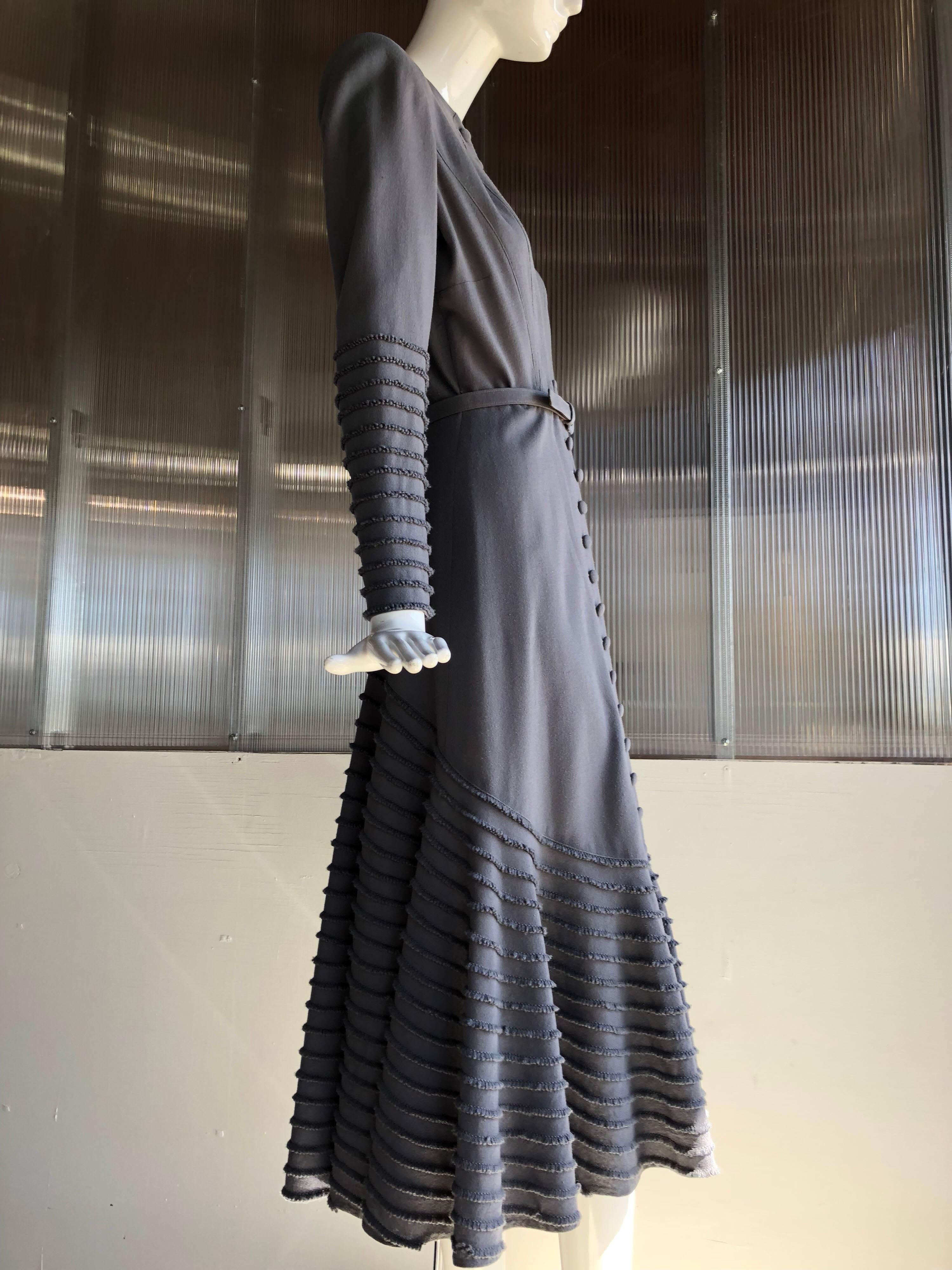Women's Nicholas Ungar Button-Down Slate Light Wool Trumpet Hem Jersey Dress, 1940s