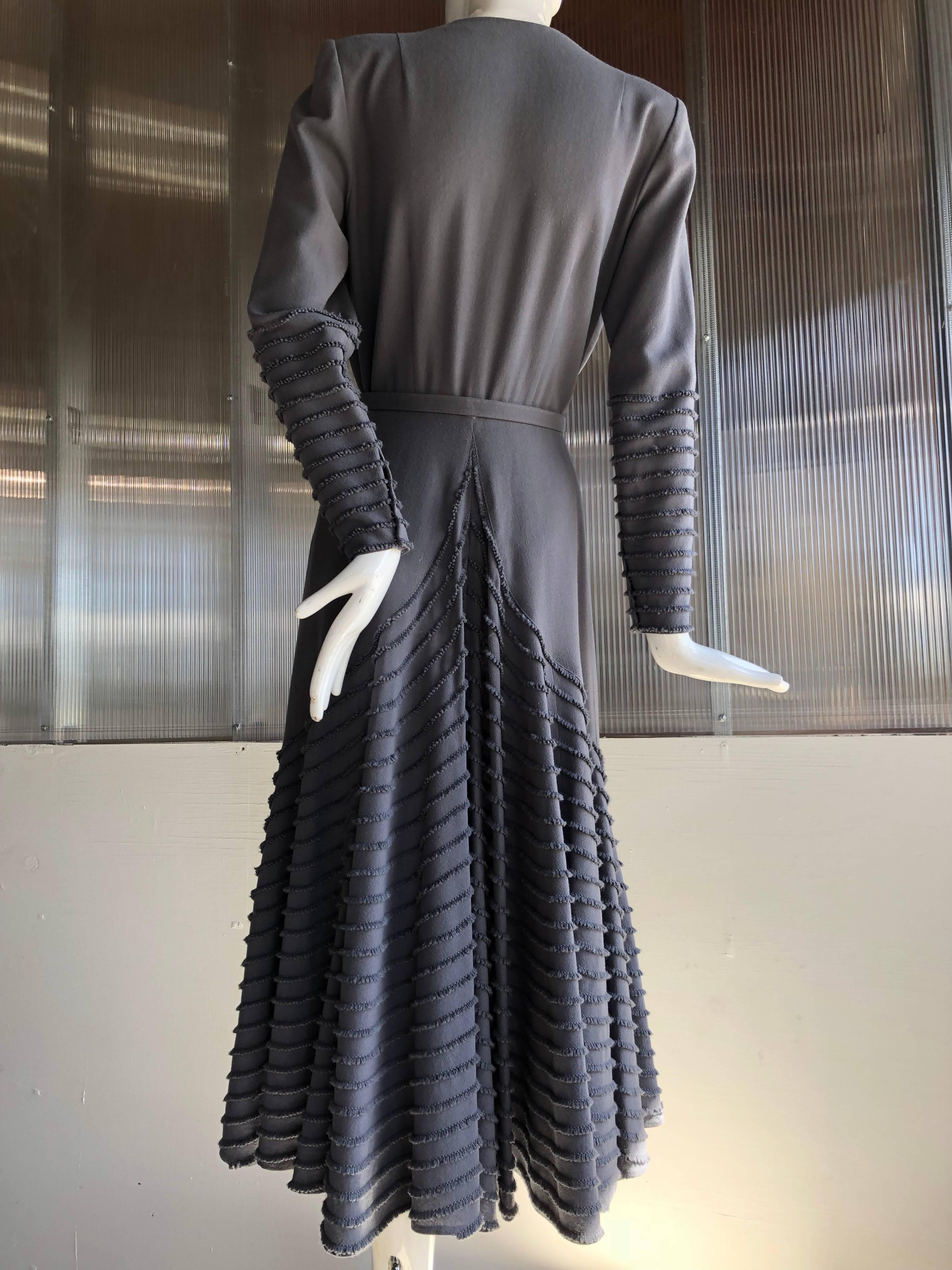 Nicholas Ungar Button-Down Slate Light Wool Trumpet Hem Jersey Dress, 1940s 1