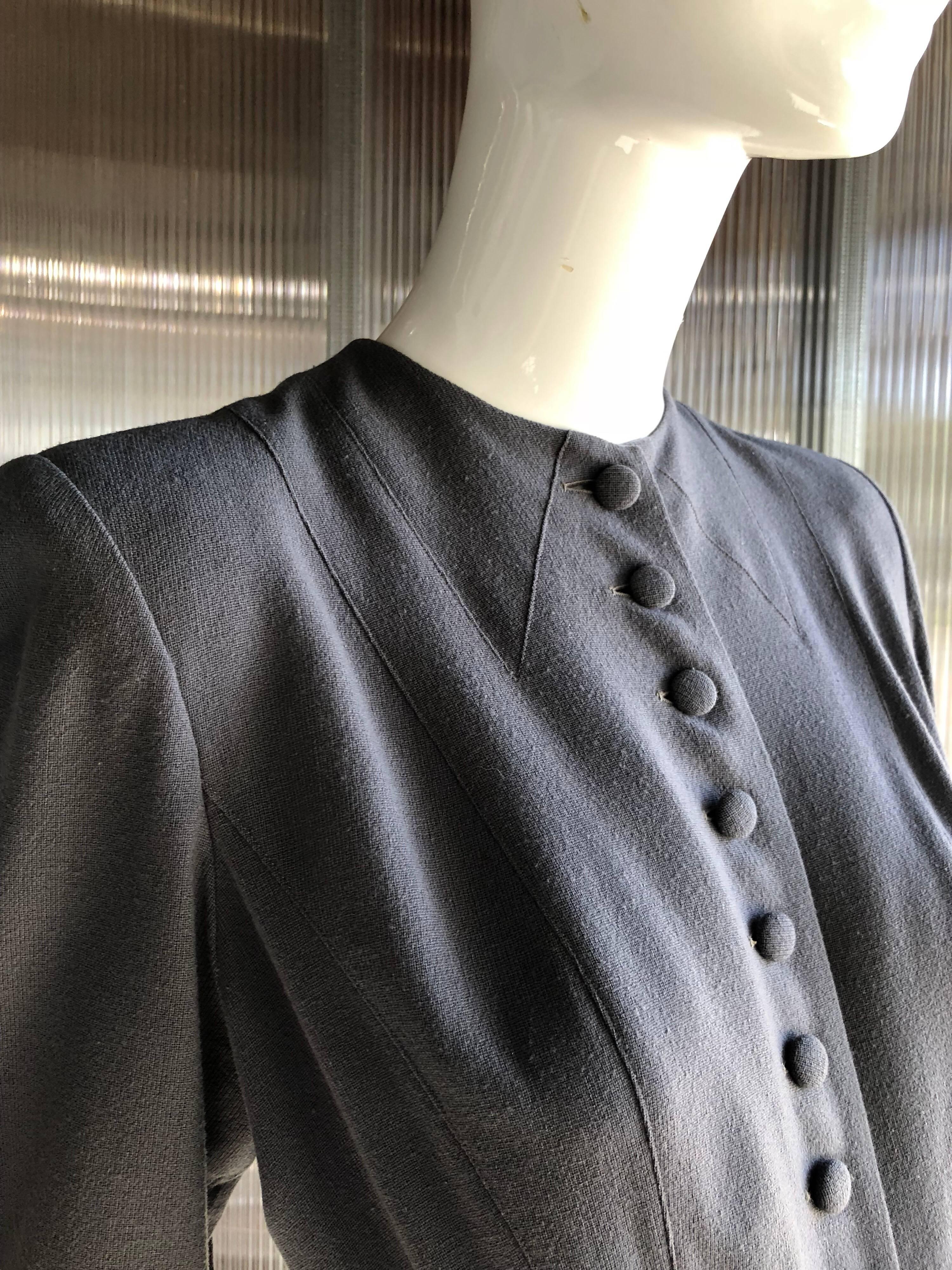 Nicholas Ungar Button-Down Slate Light Wool Trumpet Hem Jersey Dress, 1940s 3