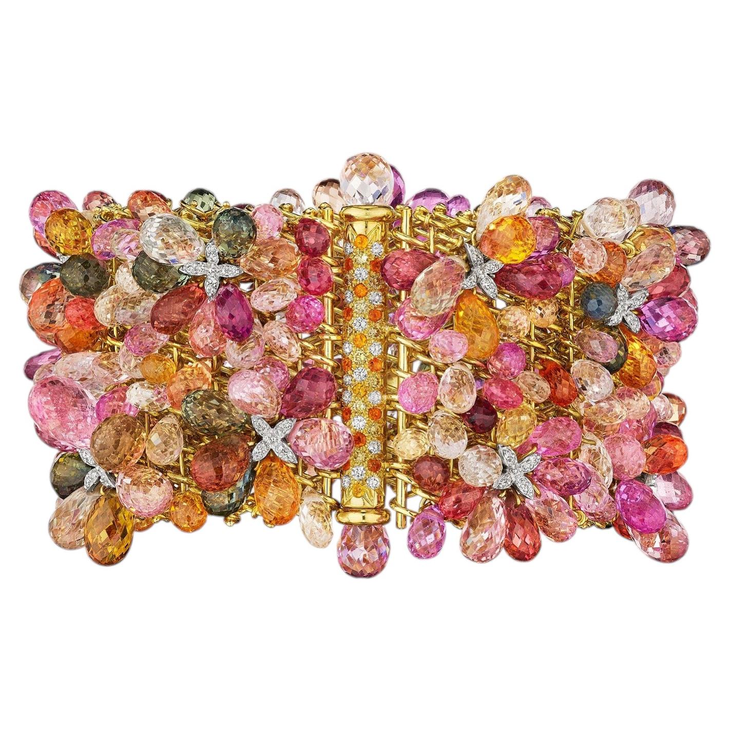 Nicholas Varney Multi-Colored Sapphire Diamond Gold Modernist Cuff Bracelet For Sale