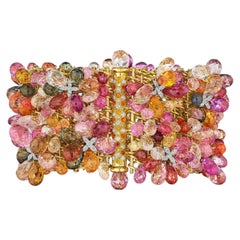 Nicholas Varney Multi-Colored Sapphire Diamond Gold Modernist Cuff Bracelet