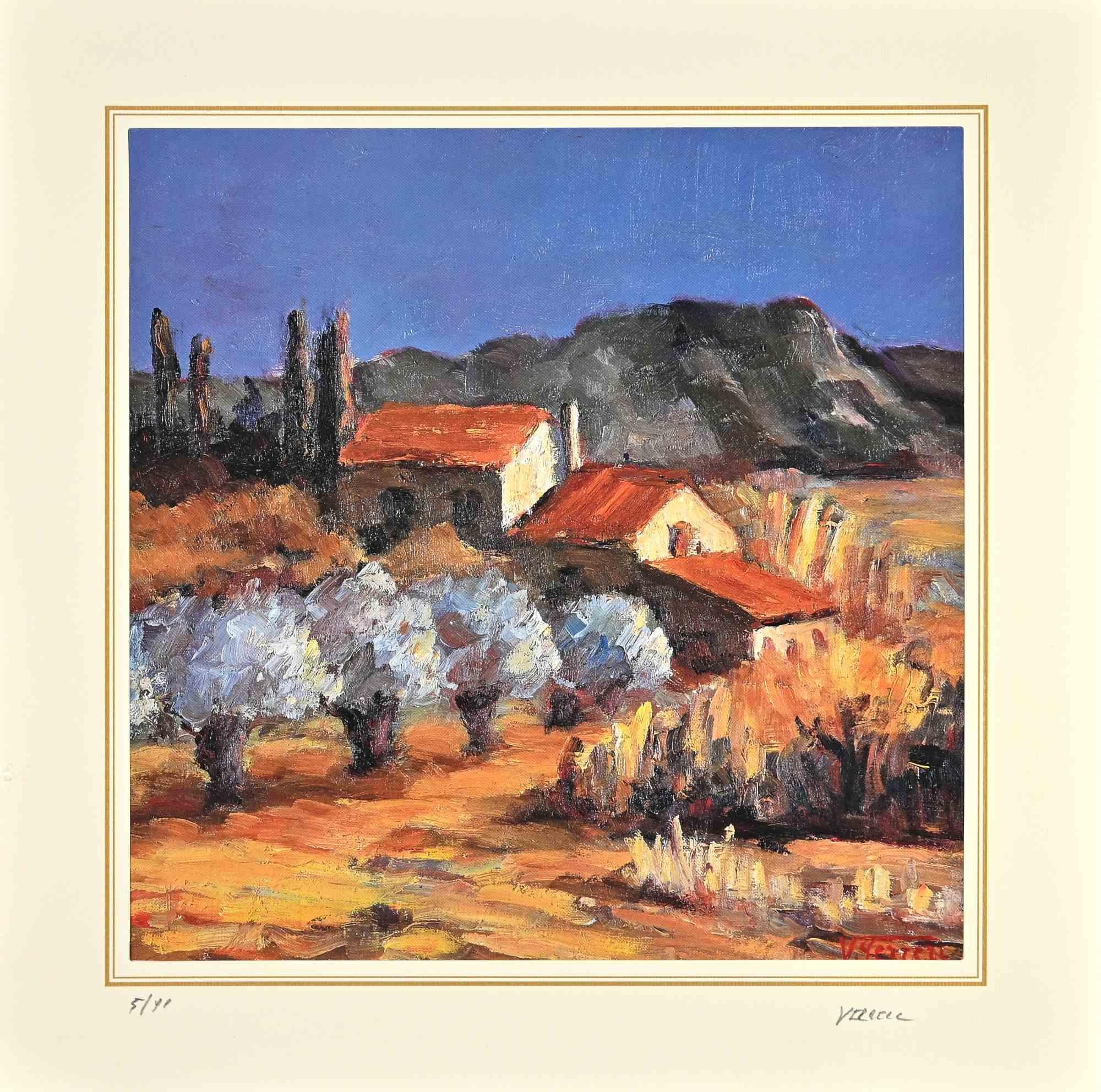 Landscape is a lithograph attributed to Nicholas Verrall (1945) in the Late 20th Century.

Hand-signed on the right corner. Numbered, Edition, 5/99, on the left margin. On the back is the label of the certificate of  authenticity.

The artwork is