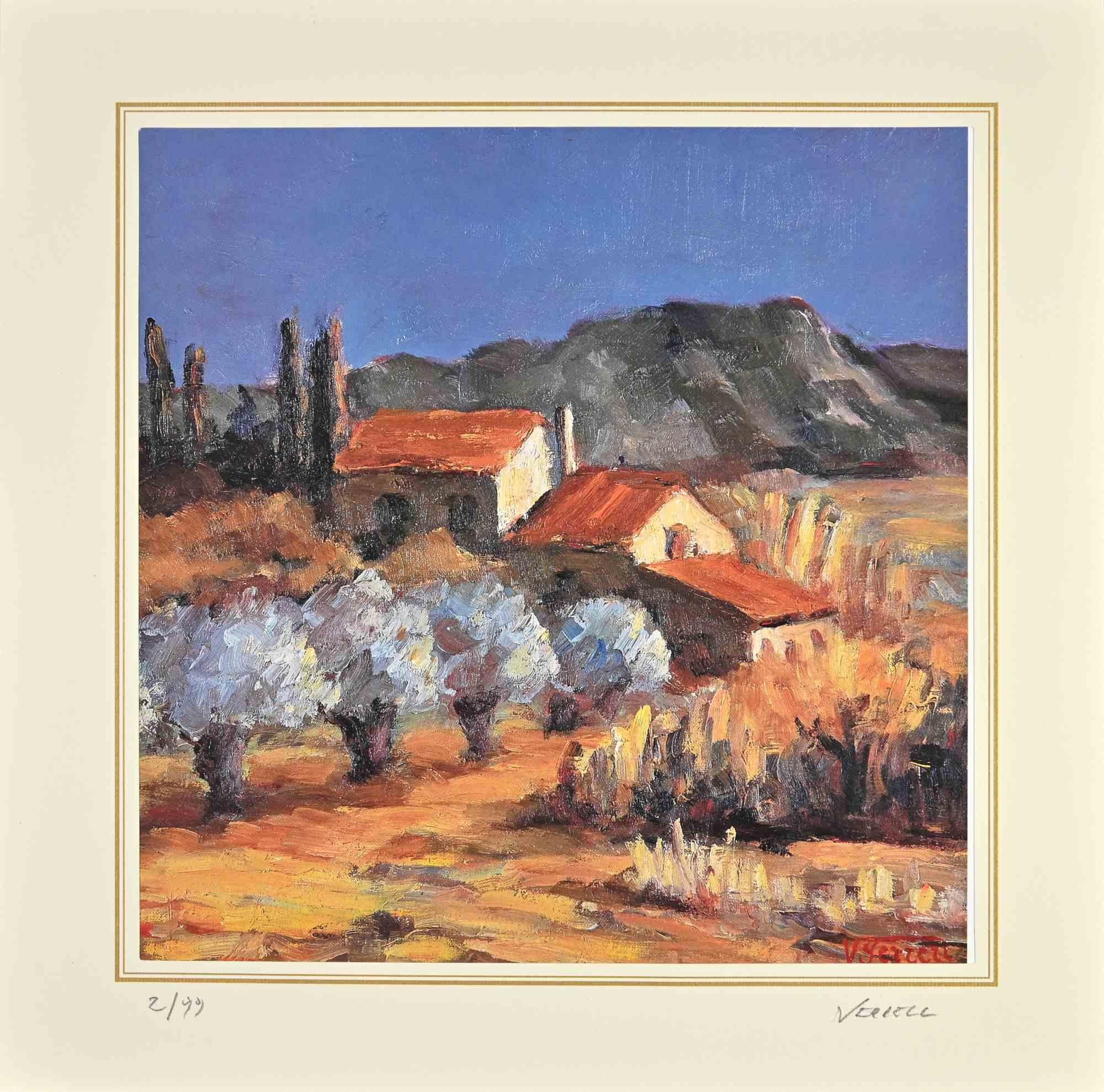 Landscape is a lithograph attributed to Nicholas Verrall (1945) in the Late 20th Century.

Hand-signed on the right corner. Numbered, Edition, 2/99, on the left margin. On the back is the label of the certificate of  authenticity.

The artwork is