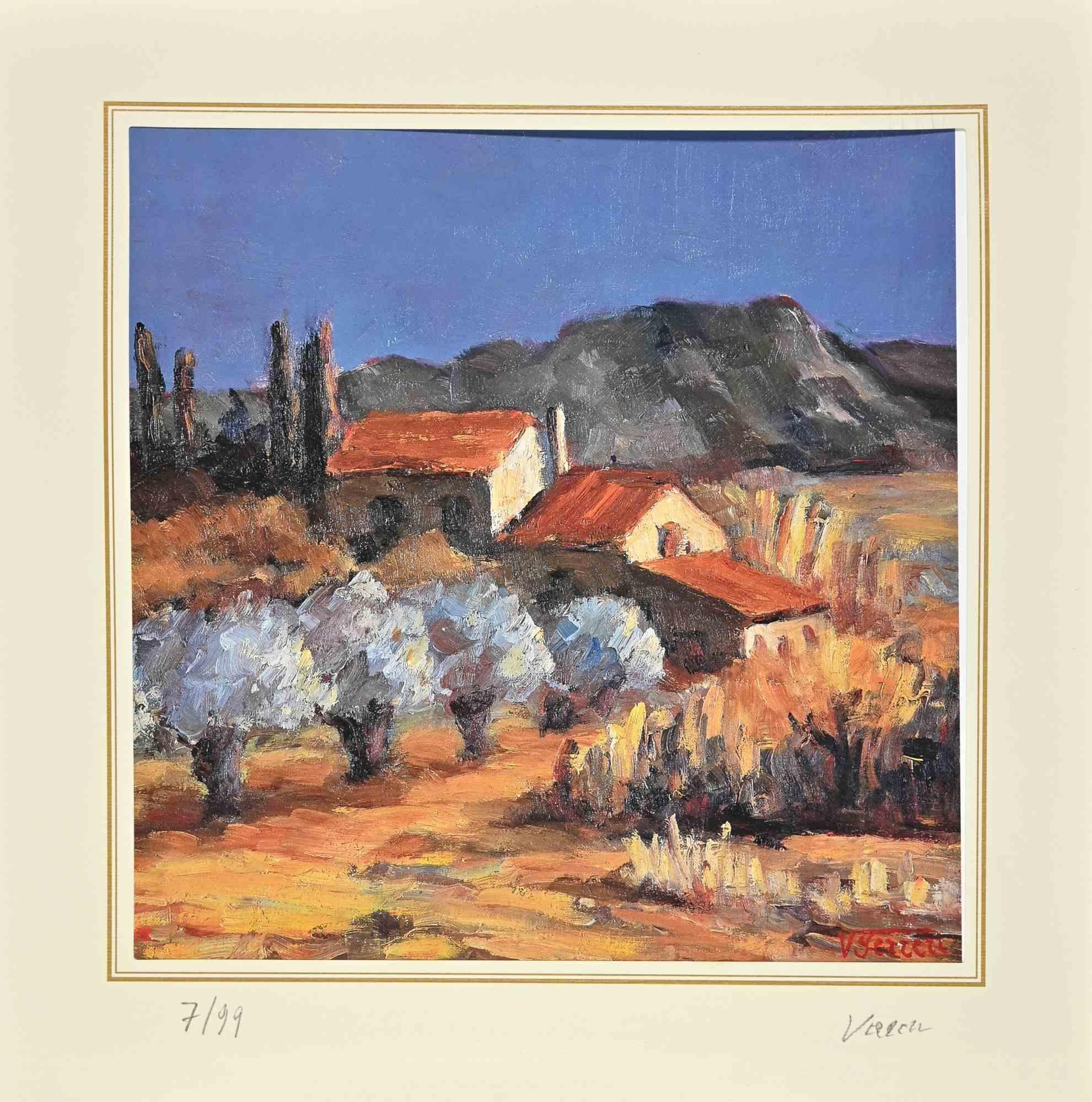 Landscape is a lithograph attributed to Nicholas Verrall (1945)  in the Late 20th Century.

Hand-signed on the right corner. Numbered, Edition, 7/99, on the left margin. On the back is the label of the certificate of  authenticity.

The artwork is