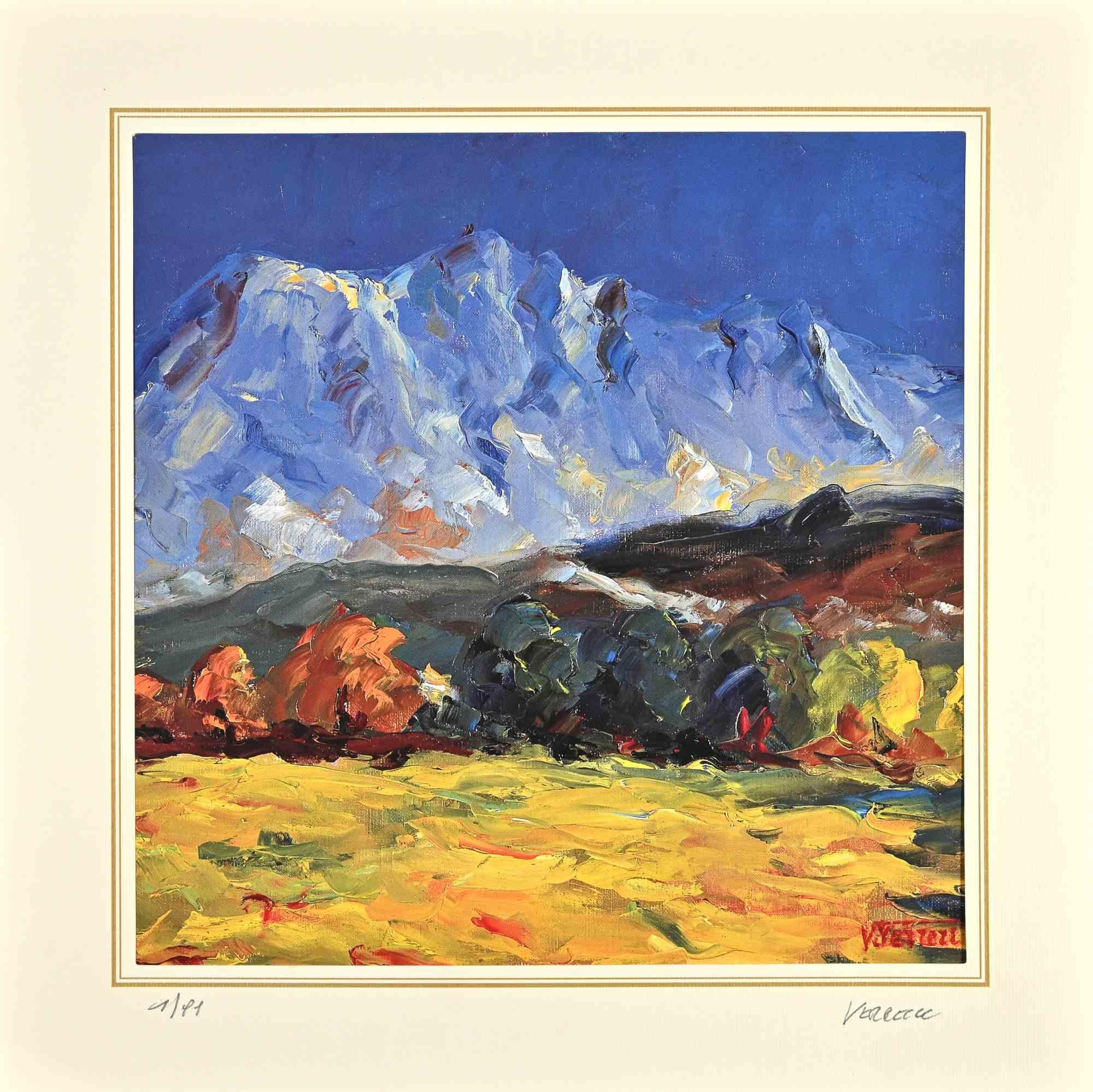 Landscape  with Mountains is a lithograph attributed to Nicholas Verrall (1945) in the Late 20th Century.

Hand-signed on the right corner. Numbered, Edition, 1/99, on the left margin. On the back is the label of the certificate of 