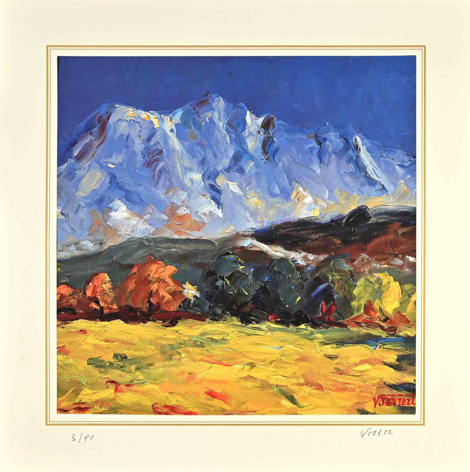 Landscape  with Mountains is a lithograph attributed to Nicholas Verrall (1945) in the Late 20th Century.

Hand-signed on the right corner. Numbered, Edition, 3/99, on the left margin. On the back is the label of the certificate of 