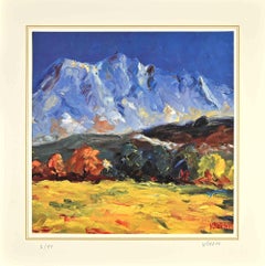 Landschaft mit Berg – Lithographie von Nicholas Verrall, spätes 20. Jahrhundert